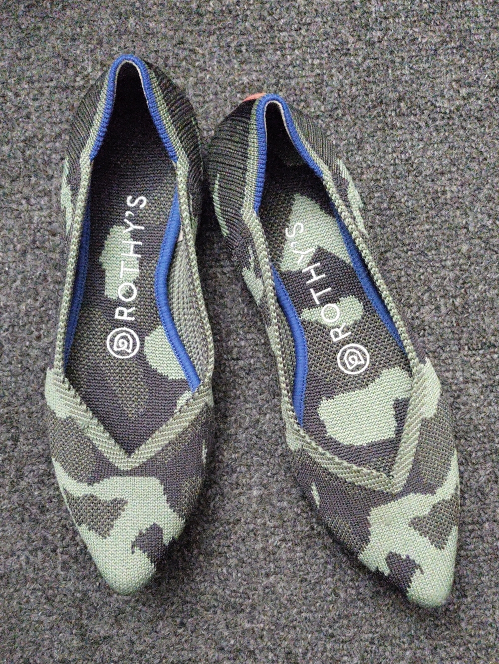 Rothy's Pointed Ballet Flats in Green Camo Knit